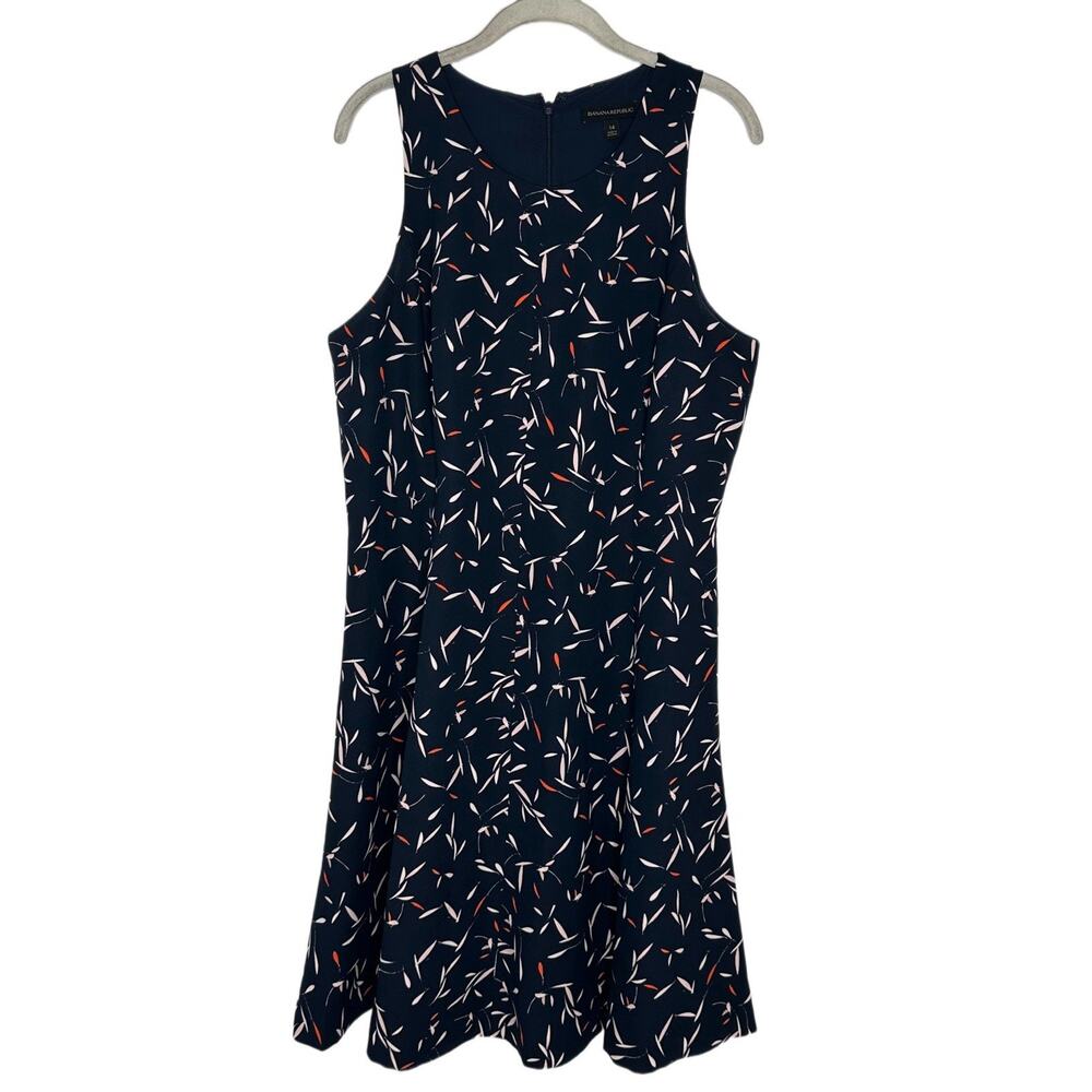 Banana Rebublic Dress 14 Blue Sleeveless Feather Floral Ruffle Sheath Fit Flare